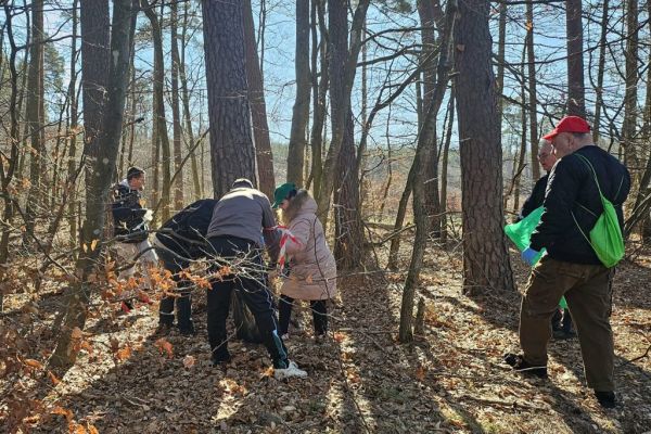 Mieszkańcy idą po lesie z workami do sprzątania i sprzątają.