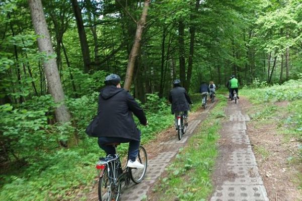 Mieszkańcy jada na rowerach przez las