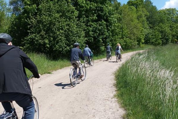 Mieszkańcy jada na rowerach przez las.