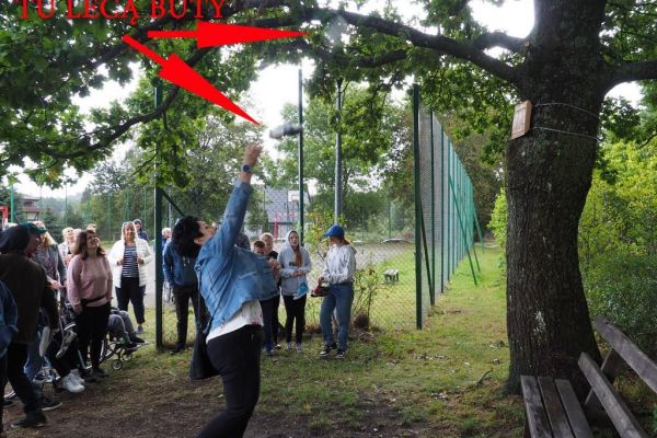 Uczestniczka pikniku rzuca buty na drzewo sandałowe w Warblewie.