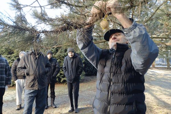 Mieszkaniec wiesza pokarm dla ptaków.