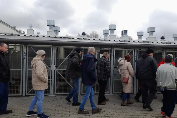 Mieszkańcy wraz z innymi uczestnikami spotkania zwiedzają schronisko dla zwierząt.
