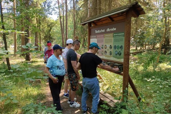 Mieszkańcy w lesie czytają tablice informacyjne.