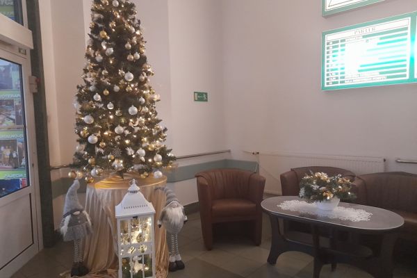 Boźonarodzeniowy wystój Domu - choinka, dwa skrzaty i latarenka..