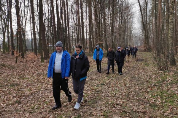 Mieszkańcy idą w lesie.
