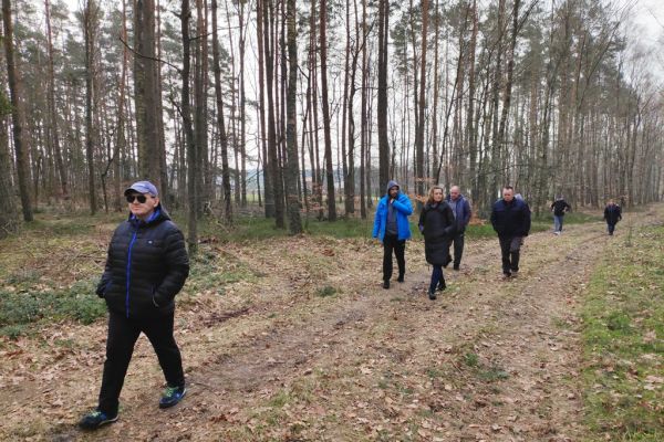 Mieszkańcy idą w lesie.