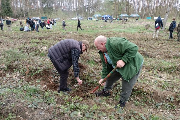 Mieszkańcy wraz z innymi uczestnikami sadzą las.