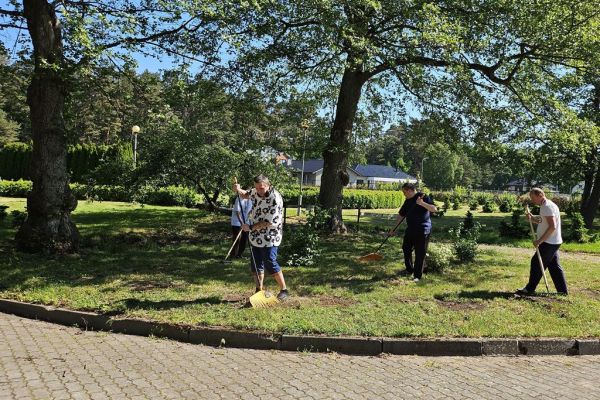 Kilkoro mieszkańców wykonuja prace w ogrodzie.