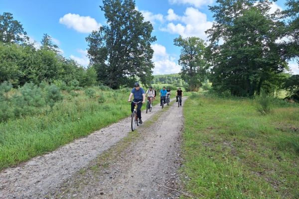 Mieszkańcy jada na rowerach drogą polną.